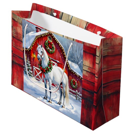 Een feestelijk wit paard en winterschuur Kerstmis Groot Cadeauzakje (Voorkant Gekanteld)