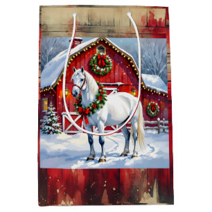 Een feestelijk wit paard en winterschuur Kerstmis Medium Cadeauzakje