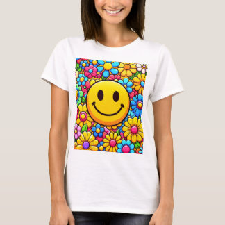 Een fel lachend gezicht en een bloemenprint t-shir t-shirt