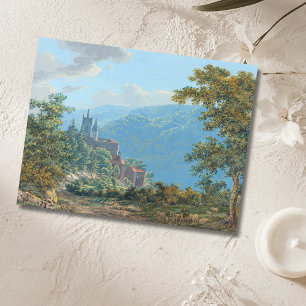 Een fort in een berglandschap bij zonsopgang briefkaart
