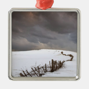 Een gebroken hek langs een sneeuwdek metalen ornament