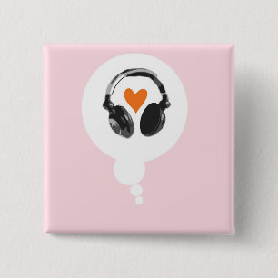 Een gedachte bel met een hart en hoofdtelefoons vierkante button 5,1 cm