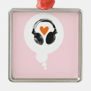 Een gedachtenbel met een hart en een hoofdtelefoon metalen ornament