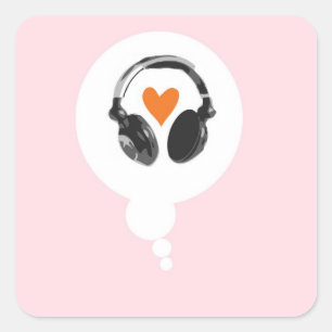 Een gedachtenbel met een hart en een hoofdtelefoon vierkante sticker