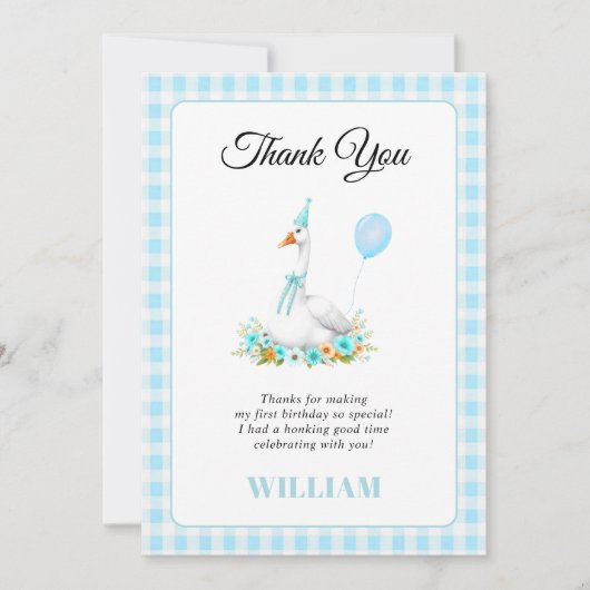 Een gekke gans jongen 1e verjaardag blauw Dank u Bedankkaart (Voorkant)