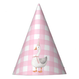 EEN GEKKE GANS ROZE GINGHAM 1E VERJAARDAG FEESTHOEDJES