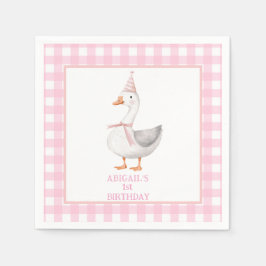 EEN GEKKE GANS ROZE GINGHAM 1E VERJAARDAG SERVET