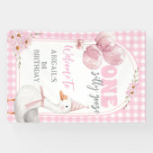 EEN GEKKE GANS ROZE GINGHAM 1E VERJAARDAG SPANDOEK (Horizontaal)