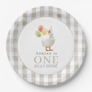 Een Gekke Goose Beige Gingham 1e verjaardag Papieren Bordje