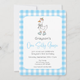 Een Gekke Goose Blue 1st Birthday Photo Invitation Kaart
