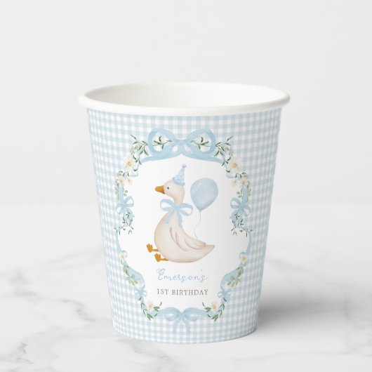 Een Gekke Goose Blue Bow Balloon 1st Birthday Papieren Bekers (Voorkant)