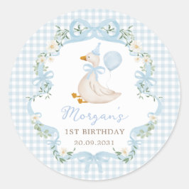 Een Gekke Goose Blue Bow Floral 1st Verjaardag Par Ronde Sticker