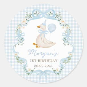 Een Gekke Goose Blue Bow Floral 1st Verjaardag Par Ronde Sticker