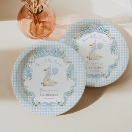 Een Gekke Goose Blue Bow Gingham 1st Birthday Papieren Bordje