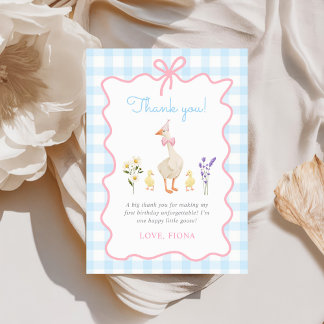 Een Gekke Goose Blue Gingham 1st Birthday Bedankkaart