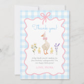 Een Gekke Goose Blue Gingham 1st Birthday Bedankkaart (Voorkant)