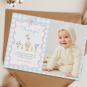 Een Gekke Goose Blue Gingham 1st Birthday Foto Bedankkaart