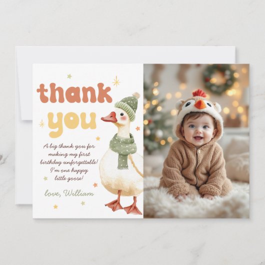 Een Gekke Goose Christmas Green 1st Birthday Foto Bedankkaart (Voorkant)