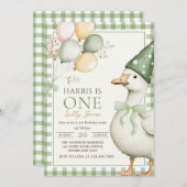 Een Gekke Goose Green Gingham 1e verjaardag Kaart (Voorkant / Achterkant)
