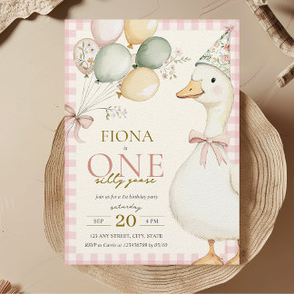 Een Gekke Goose Pink Gingham Girl's 1e verjaardag Kaart