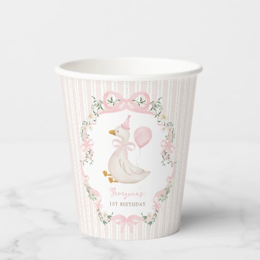 Een Gekke Goose Roze Bow Bloemen 1e Verjaardag Papieren Bekers (Voorkant)