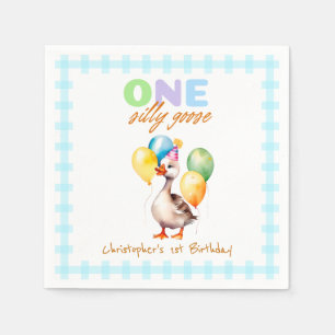 Een Gekke Goose Soft Blue Gingham Boy 1st Birthday Servet