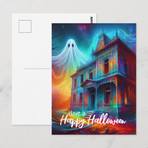 Een gelukkig Halloween spookhuis en spook Briefkaart