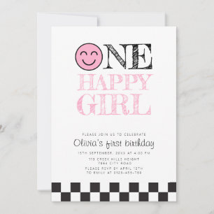 Een gelukkig meisje gelukkig gezicht roze kaart