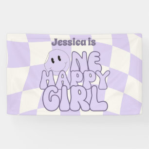 Eén Gelukkig Meisje Retro Roze 1e Verjaardagsfeest Spandoek