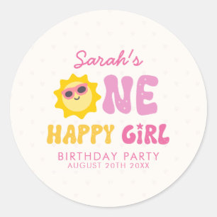 Eén Gelukkig Meisje Retro Zon Eerste Verjaardag Ronde Sticker