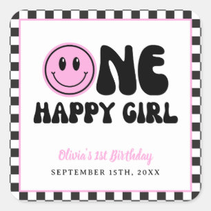 Een gelukkig meisje roze Happy Face Verjaardag Vierkante Sticker