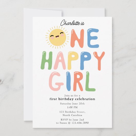 Eén gelukkig meisje verjaardagsuitnodiging 1e verj kaart (Voorkant)