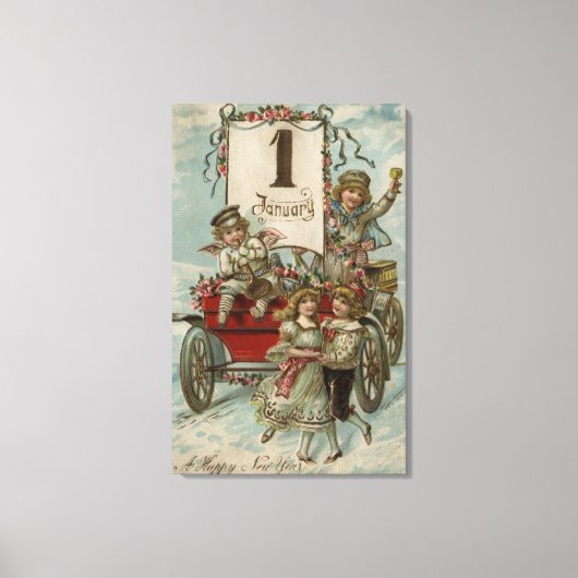 Een gelukkig nieuwjaarKinderen rond een Rode Wagon Canvas Afdruk (Voorkant)