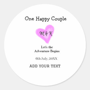 EEN GELUKKIG STEL ROZE HART TROUWEN NAAM DATUM RONDE STICKER