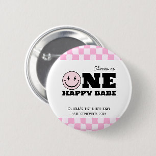 Een gelukkige babe roze geruite verjaardag ronde button 5,7 cm