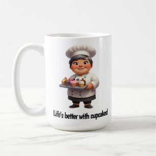 Een gelukkige banketbakker poseren voor de camera koffiemok