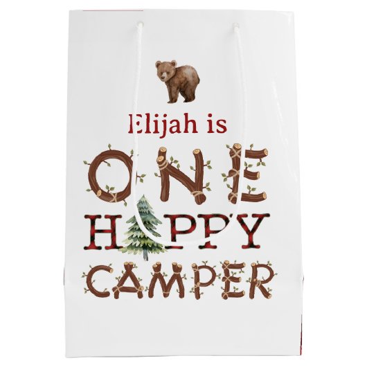 Een gelukkige camper 1e verjaardagsfeestje medium cadeauzakje (Achterkant)