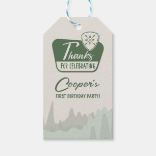 EEN gelukkige camper, een eerste verjaardag, Woodl Cadeaulabel