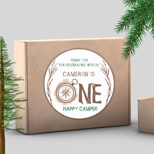 Een gelukkige Camper Woodland 1e verjaardag Ronde Sticker