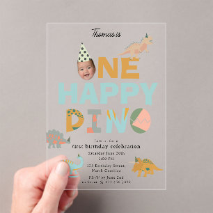 Eén gelukkige Dino-dinosaurus-uitnodiging 1e verja Acryl Uitnodigingen