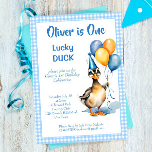 Een gelukkige eend blauwe gingham verjaardagsfeest kaart