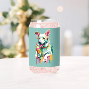 Een gelukkige hond die een ijsje eet blikvorm glas