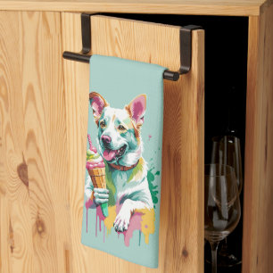 Een gelukkige hond die een ijsje eet theedoek