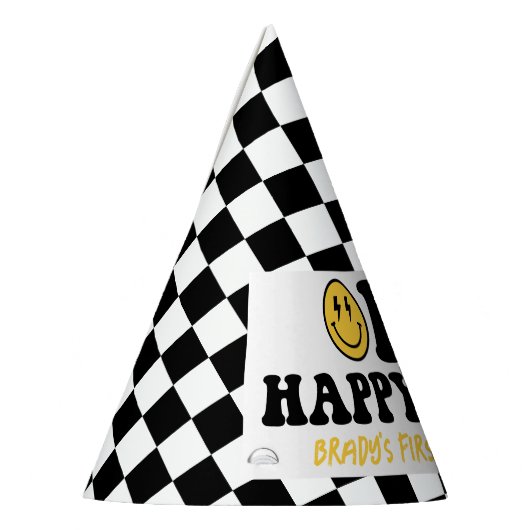 Een gelukkige kerel eerste verjaardag, glimlach ge feesthoedjes (Links)