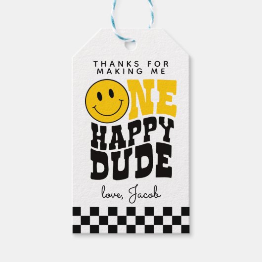 Eén gelukkige vent 1e verjaardagsfeestje bedankkaa cadeaulabel (Voorkant)