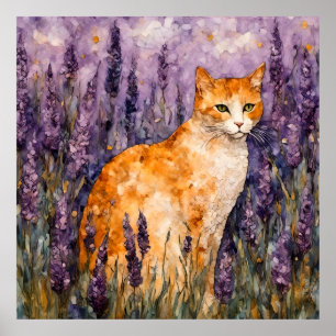 Een  gemberkat in een lavendelveld poster