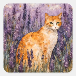Een gemberkat in een lavendelveld vierkante sticker