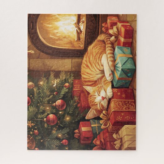 Een gemberkitten slaapt bij een verlichte open haa legpuzzel (Verticaal)