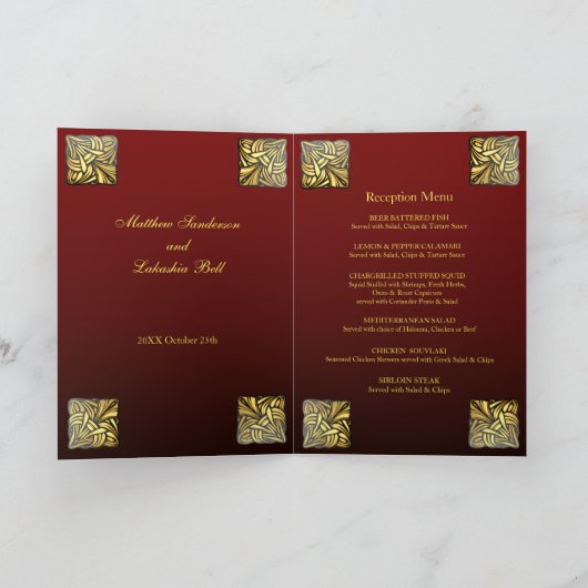 Een gevouwen kaartje met een goudbruin menu (Binnen)