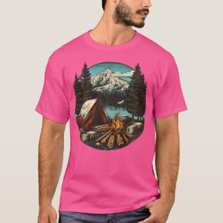 Een gezellig kampvuur bij het meer en besneeuwde b t-shirt